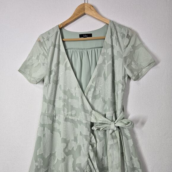 Lulu's Jacquard Short Sleeve Wrap Midi Dress S Blissfully Sage Green Ruffle - Picture 3 of 12